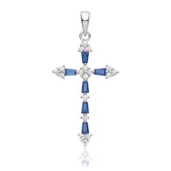 Silver Rhodium Plated Cz Cross Pendant Blue 