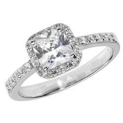 Silver Cz Halo Cushion Set Ring 
