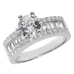 Silver Single Stone Cz With Baguette Shoulders Ring 