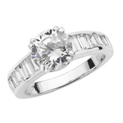 Silver Cz Solitaire With Baguette Shoulders Ring 