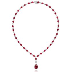 Red Pear Shape Halo Style And Round Claw Set Necklet LNG0009R