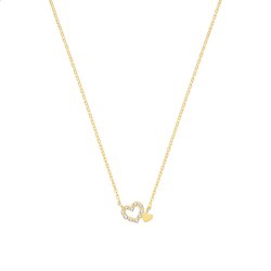 9ct Gold Plain And Cz Double Heart Necklet 
