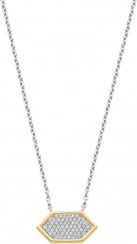 Silver and Gold Plated Pave Set Cubic Zirconia Hexagon Necklace 34040ZY