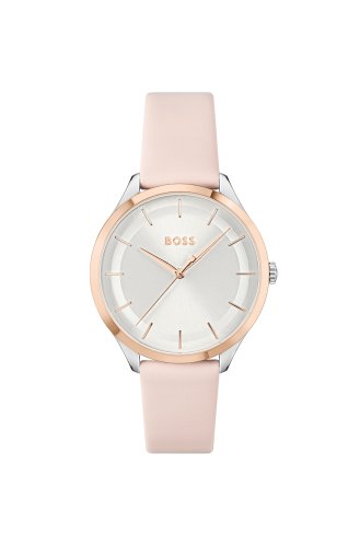 Boss Women's Pura Stainless Steel Case And Pink Leather Strap, Silver White Dial Watch