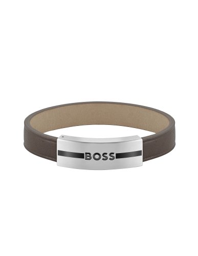 Men's Boss Luke Brown Leather Strap Bracelet With Boss Logo Buckle