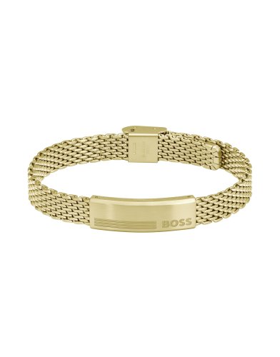 Men's Boss Alen Gold Coloured Mesh Strap Bracelet With Boss Logo