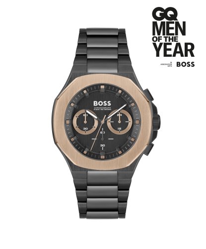 Men's Boss Taper Collection Black Ionic Stainless Steel Chronograph Watch With Black Dial And Index And Rose Gold Colour Detail
