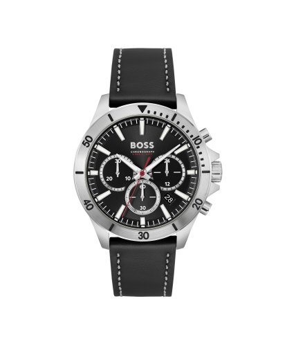 Men's Boss Troper Chronograph Watch With Black Leather Strap Featuring A Stitch Detail. Black Dial And Index