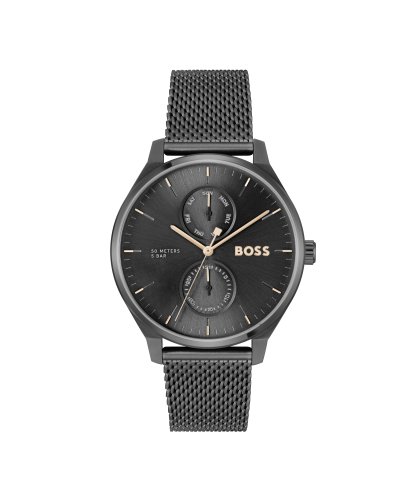 Men's Boss Tyler Black Ionic Plated Stainless Steel Watch With Mesh Bracelet, Black Sunray Dial With Index