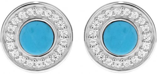 Unique Silver Circle Stud Earrings Rhodium Plating with Turquoise and Cubic Zirconia