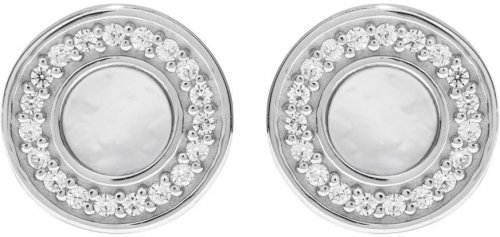 Unique Silver Circle Stud Earrings Rhodium Plating with Mother of Pearl and Cubic Zirconia
