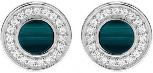 Unique Silver Circle Stud Earrings with Rhodium Plating Malachite and Cubic Zirconia