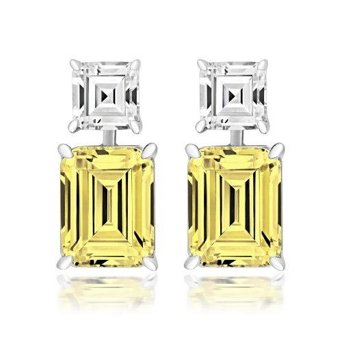 Double Asscher Cut And Yellow Emerald Cut Claw Set Drop Earrings LEG0020Y