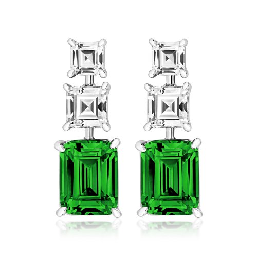 Triple Jointed Asscher Cut And Green Emerald Cut Claw Set Drop Earrings LEG0022E