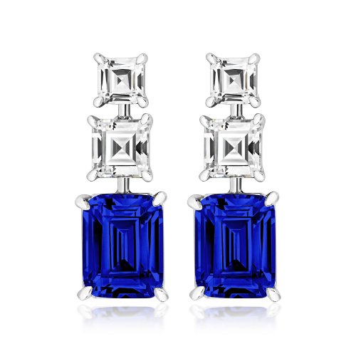 Triple Jointed Asscher Cut And Blue Emerald Cut Claw Set Drop Earrings LEG0022S