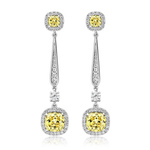 Yellow Asscher Cuts Halo Style Long Drop Earrings LEG0054Y