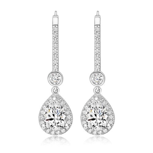 Round Rubover And Pear Shape Halo Style Drop Earrings LEG0072