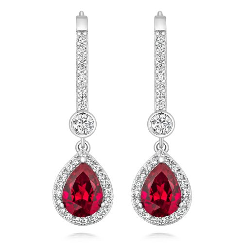 Round Rubover And Red Pear Shape Halo Style Drop Earrings LEG0072R