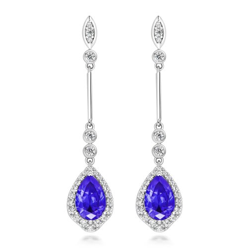 Blue Pear Shape With Knife Wire Fancy Pear Halo Long Drop Earrings LEG0056TZ