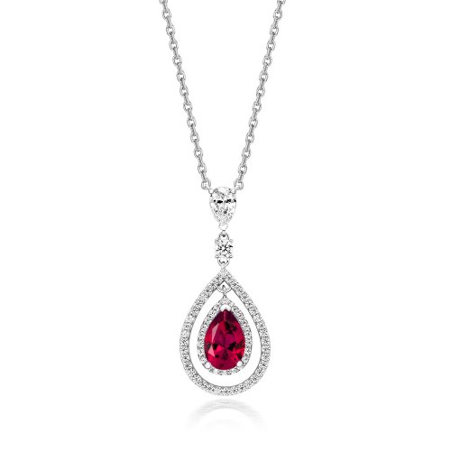 Red Pear Shape Multi Halo Swing Pendant Fixed Chain LPG0007R