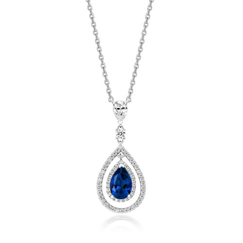Blue Pear Shape Multi Halo Swing Pendant Fixed Chain LPG0007S