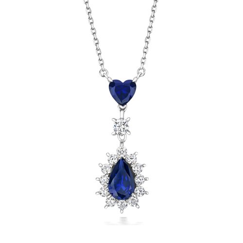 Blue Pear Shape Cluster And Heart Pendant On Fixed Chain LPG0024S