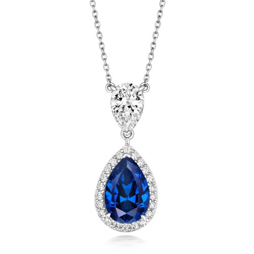 Blue Pear Shape Halo Style Double Drop Pendant On Fixed Chain LPG0040S