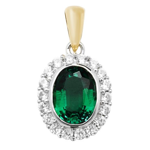 9ct Gold Oval Created Emerald And White Sapphire Pendant 