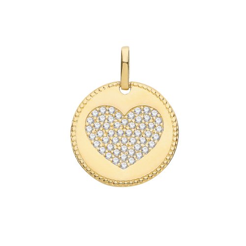 9ct Gold Cz Heart Round Pendant 
