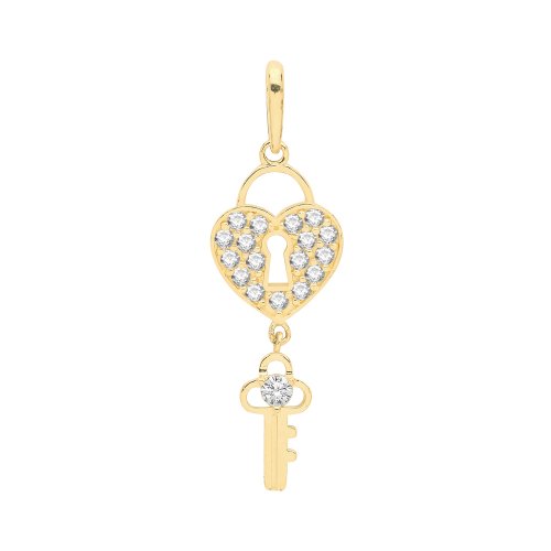 9ct Gold Cz Heart And Key Pendant 