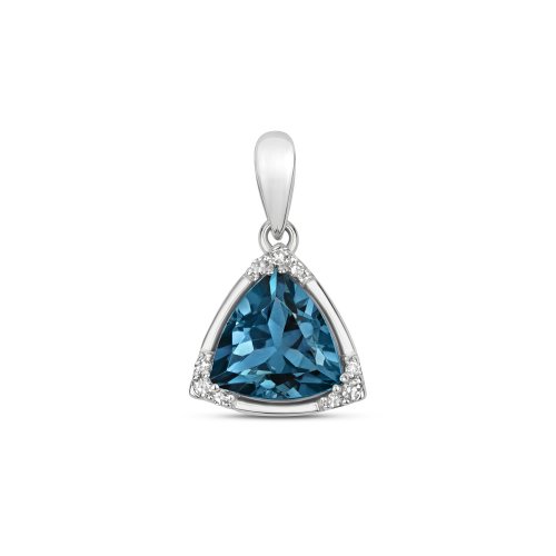 Diamond & London Blue Topaz Rounded Triangle With Corner Set Pendnt In 9ct White Gold 