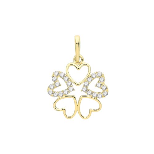 9ct Gold Cz And Plain Hearts Pendant 