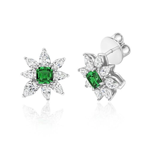 Green Asscher Cut With Pear Shape Surround Cluster Studs LEG0099E