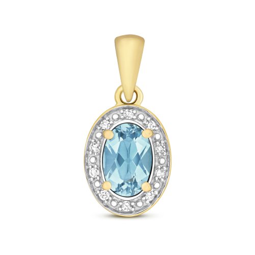 Diamond & Light Swiss Blue Topaz Oval Cluster Pendant In 9ct Gold 
