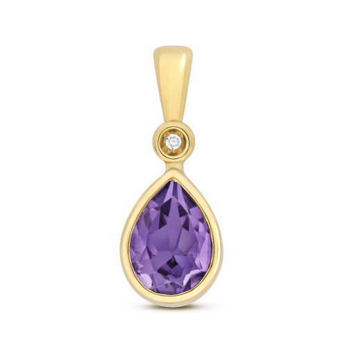 Diamond & Amethyst Pear Shape Rubover Pendant In 9ct Gold 