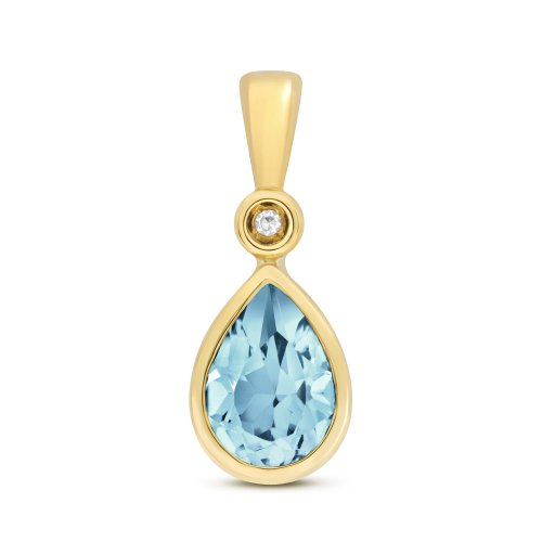 Diamond & Light Swiss Blue Topaz Pear Shape Rubover Pendant In 9ct Gold 