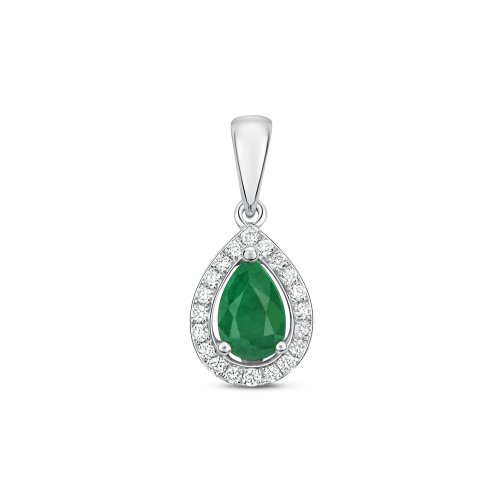 Diamond & Emerald Pear Shape Halo Pendant In 9ct White Gold 