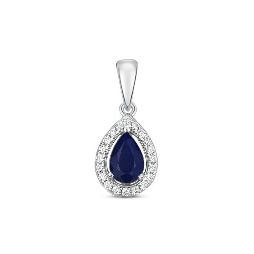 Diamond & Sapphire Pear Shape Halo Pendant In 9ct White Gold 