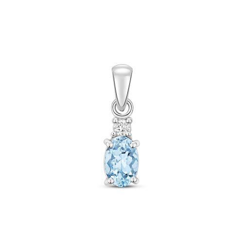 Diamond & Aquamarine Oval Claw Set Pendant In 9ct White Gold 