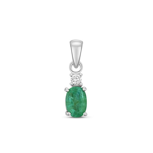 Diamond & Emerald Oval Claw Set Pendant In 9ct White Gold 