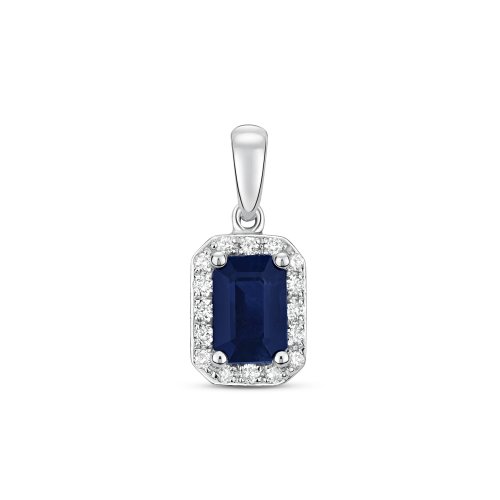 Diamond & Sapphire Octagon Cluster Pendant In 9ct White Gold 