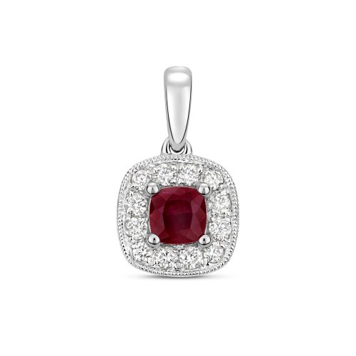 Diamond & Ruby Cushion Cluster Pendant In 9ct White Gold 