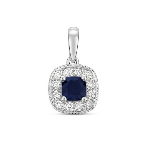 Diamond & Sapphire Cushion Cluster Pendant In 9ct White Gold 