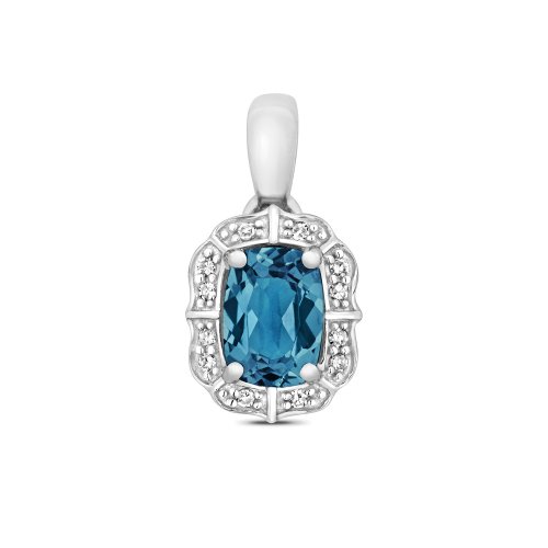 Diamond & London Blue Topaz Cushion Deco Style Cluster Pendant In 9ct White Gold 