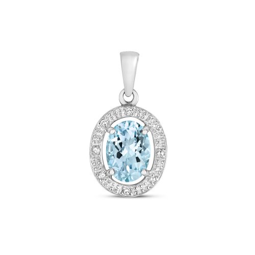 Diamond & Aquamarine Oval Halo Pendant In 9ct White Gold 