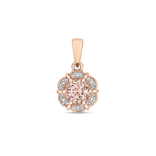 Diamond & Morganite Round Deco Style Cluster Pendant In 9ct Gold 