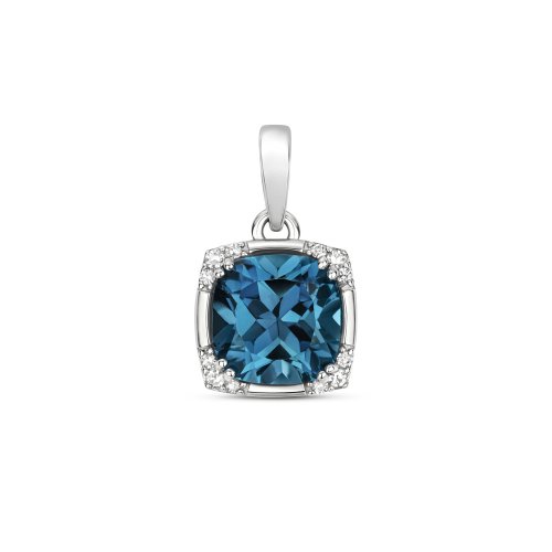 Diamond & London Blue Topaz Cushion With Corner Set Pendant In 9ct Gold 