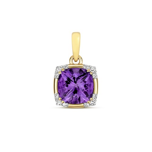 Diamond & Amethyst Cushion With Corner Set Pendant In 9ct Gold 