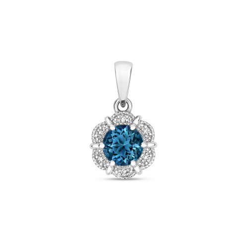 Diamond & London Blue Topaz Round Deco Style Cluster Pendant 