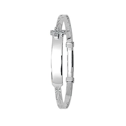 9ct White Gold Babies' Expandable Cz Cross Id Bangle 